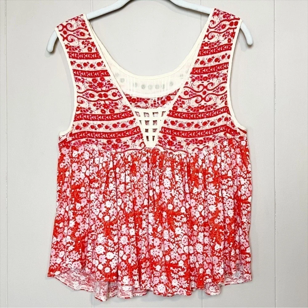 Free People Lucky Coin Sleeveless Top XS linen red floral tank blouse flowy boho